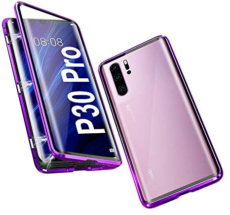 DoubTech Hülle für Huawei P30 Pro Magnetische Adsorption Tech Handyhülle 360 Grad Schutz Aluminiumrahmen Gehärtetes Glas Starke Magneten Einbaurahmen Stoßfest Metall Flip Cover - Lila