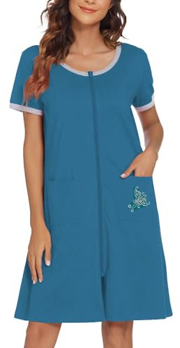 Ekouaer Damen-Bademantel mit Reißverschluss, kurze Ärmel, Reißverschluss, kurzes Nachthemd mit Taschen, A-pfau blau, Large