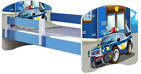 ACMA Kinderbett Jugendbett mit Einer Schublade und Matratze Blau mit Rausfallschutz Lattenrost II 140x70 160x80 180x80 (38 Polizei, 140x70)
