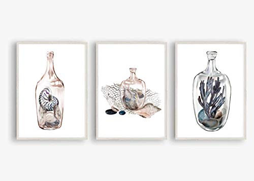 Din A4 Kunstdruck 3-teilig ungerahmt - Muscheln und Korallen in Vase - Stillleben Maritim Aquarell Blau Beige Badezimmer Geschenk Druck Poster Bild