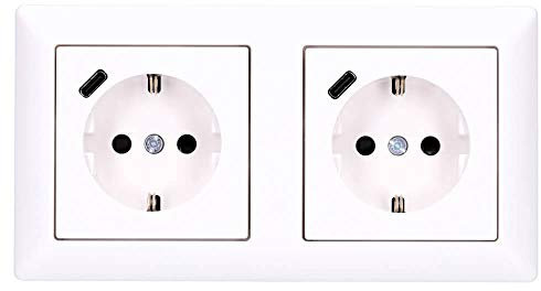Jung SCHUKO USB-Steckdose Typ C (max. 3A) Komplett-Set Serie AS: 2x Steckdose A152018CWW und 2-fach Rahmen AS582WW Alpinweiß