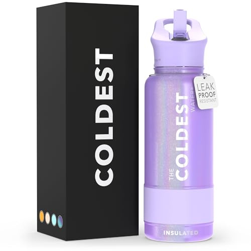 Coldest Insulated Water Bottle with Straw Lid - Stainless Steel Metal Insulated Bottle for Men & Women (Purple Glitter, 32 oz)