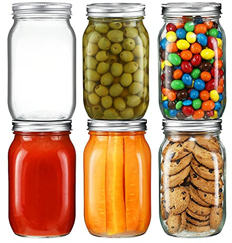 YEBODA 6 Pack Wide Mouth Mason Jars 32oz Glass Canning Jars with Airtight Lids and Bands for Preserving, Jam, Honey, Jelly, Wedding Favors, Sauces, Meal Prep, Overnight Oats, Salad, Yogurt