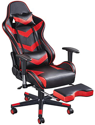 Yaheetech Sedia da Gaming Ergonomica Lombare con Poggiapiedi Schienale Alto Reclinabile 180° Poltrona Gamer Ufficio Girevole Imbottita in Ecopelle con Braccioli Regolabili Portata 140 kg Nera/Rossa
