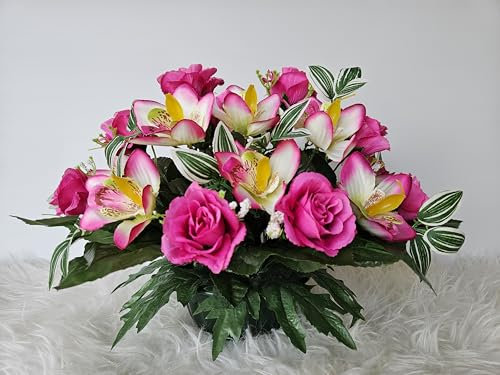 Roselynexpress Composition de Fleurs Artificielles Lesté Ciment pour Une Parfaite Tenue à L' Extérieur. Réalisé par Nos Soins, Les Fleurs sont Aussi de Très Bonne Tenue et qualité.