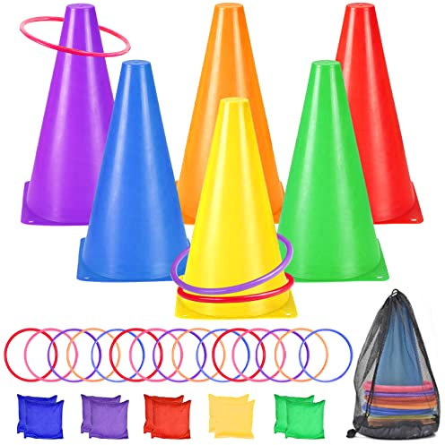 TOPJOWGA 31Pcs Ringwurfspiel-Set, 3-in-1 Wurfspiel Kinder Outdoor Spiele Set, Party Werfen Spiele mit Verkehrskegel, Sitzsäcke, Wurfringe, Tragetasche Outdoor Spiele für Kinder, Sport Party Spiele