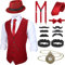 SATINIOR 1920er Herren-Kostüm, brüllendes Outfit mit Gangster-Weste, Hut, Taschenuhr, Hosenträgern, Weinrot, Small