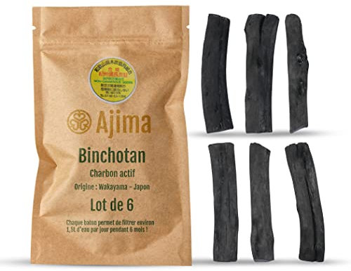 Ajima Binchotan Charbon Actif Eau - Baton de Charbon Bio Purificateur d'eau Naturel x6 - Chaque Baton Filtre Environ 1.5 L - Charbon de Chêne de Wakayama Vrai - Idéal pour Filtrer l'eau en Carafe