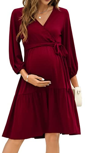 KOJOOIN Robe de maternité pour Femme Col en V Manches 3/4 Robe d'allaitement à Volants Robes de maternité avec Ceinture,Vin Rouge (3/4 Manches),XL