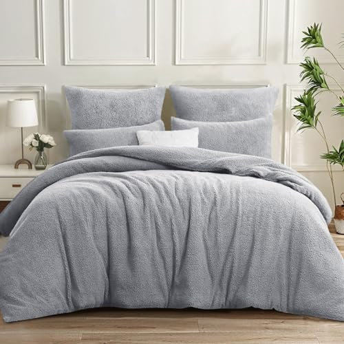 Aisbo Warme Bettwäsche 200x200 3teilig - Flauschige Teddy Fleece Winterbettwäsche 200 x 200, plüsch Bettwäsche-Sets 200x200cm Bettbezug mit Reißverschluss Duvet Cover Winter Hellgrau