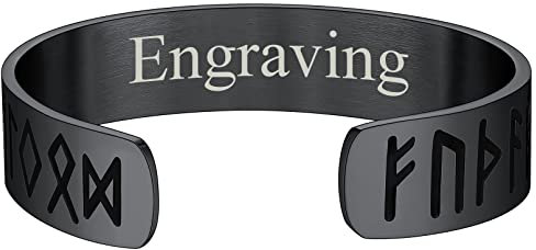 FaithHeart Schwarz Rune Armreif für Herren Jungen Punk Gotik Wikinger Armband Offener 15mm Rune Armband mit Gravur für Männer Frauen