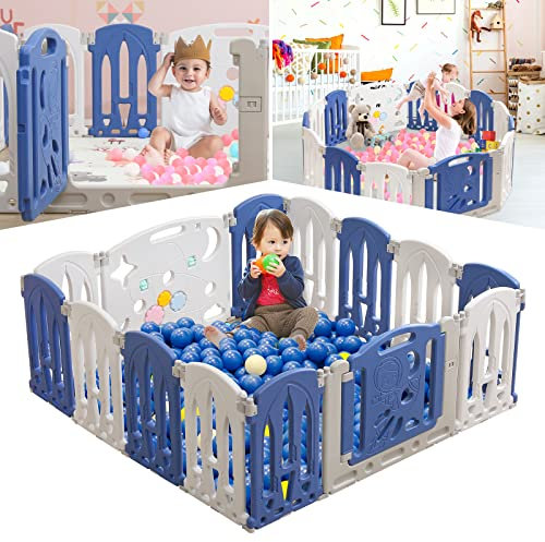 LARS360 Baby Laufgitter mit Tür und Spielzeugboard Laufstall Aktivität Baby Absperrgitter Faltbar Krabbelgitter aus Kunststoff Baby Playpen Safety GateSchutzgitter für Baby Kinder (14 Panel)
