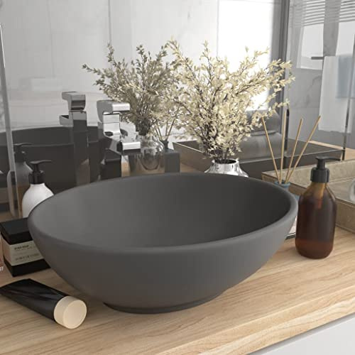 HOMIUSE Luxuriöses Ovales Waschbecken Matt Dunkelgrau 40x33 cm Keramik Waschbecken Waschtisch Aufsatzwaschbecken Badunterschrank Waschbecken GäSte Wc Waschbecken Ohne Hahnloch Aufsatzwaschbecken