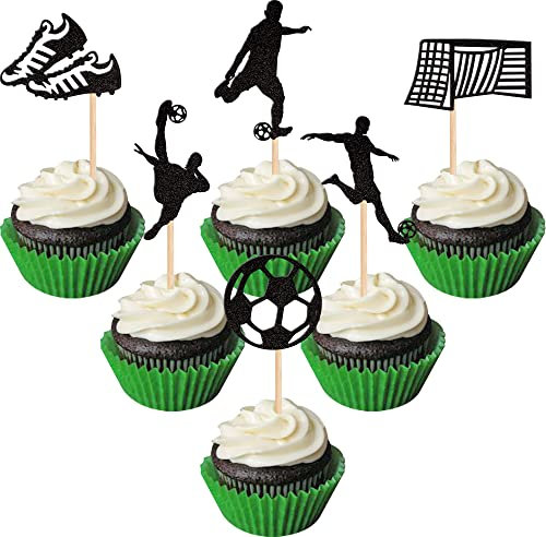 Xsstarmi 24 Pack Soccer Cupcake Toppers Glitter Sports Theme Football Cupcake Picks for Soccer Theme Baby Shower Kids Football Game Player Birthday Party Cake Decorations Supplies Black
