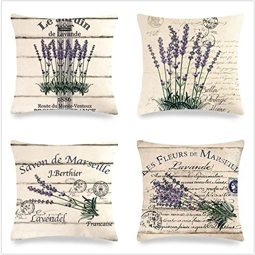 Dooqon Lavendel 4er Set 35x35cm Kissenbezüge doppelseitig HD-Druck Quadratische Leinen Wurf Kissenbezug Dekorative Geschenk Mit Unsichtbarem Reißverschluss Für Wohnzimmer, Sofa, Schlafzimmer