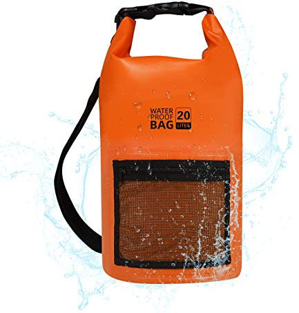 Bojury Waterproof Dry Bag Backpack 20L with Mesh Pocket Adjustable Strap - Roll Top Portable Dry Sack for Kayaking Boat Tour Canoe Swimming Snow Boarding Fishing Rafting-Orange