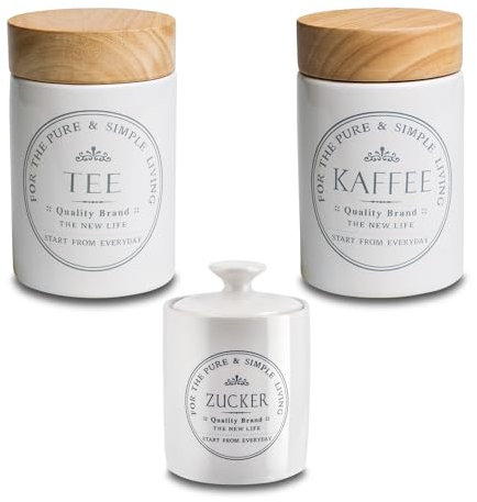 KHG Vorratsdosen Set Kaffee Tee Zuckerdöschen, Kapazität 1 Liter & 400 ml, Küchen Aufbewahrung Steingut Keramik Bambus-Deckel, Landhaus Vintage, Kaffee- Tee-Service, beschriftet, glänzend