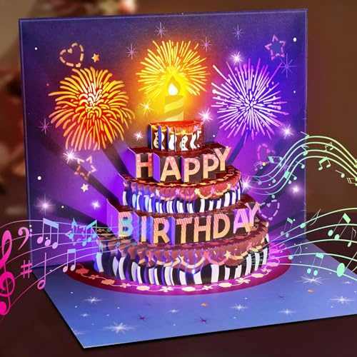 FITMITE Happy Birthday Tarjeta de Cumpleaños Pop Up Pastel Tarjetas de Cumpleaños con Música y Luz 3D Fuegos Artificiales Tarjeta de Cumpleaños Regalos para Mujer Hombres