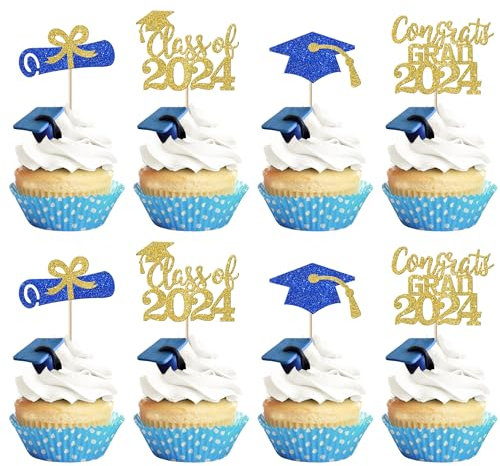 24 Stück 2023 Abschluss Cupcake Topper Glitzer Diplom Congrats Grade 2023 Abschlusskappe Klasse 2023 Cupcake Picks 2023 Abschluss Thema Schule Abschluss Party Kuchen Dekorationen Supplies Gold Blau