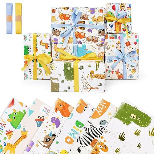 OFFCUP Verpackungspapier, 6 Blatt 50x70cm mit 2 Bündel Bänder, Geschenkpapier Kinder, Recycelbares Geburtstagspapier Set Geschenkpapier Geburtstag Bunt Kindergeburtstag Geschenke Deko(Kleine Tiere)