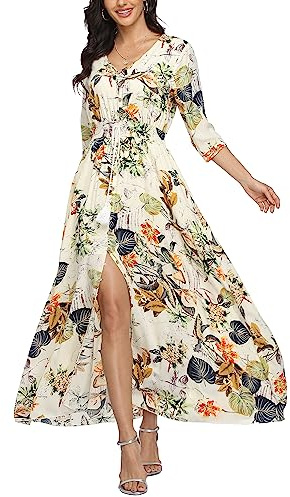VOGMATE Damen Lange Split Knopf Up Sommer Maxikleid Floral Strandwear Holidy Kleid Hohe Taille mit kurzen Ärmeln(S-2XL)