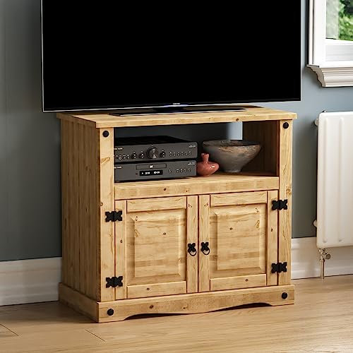 Vida Designs Corona - Mobile porta TV dritto, con ripiano e contenitore, in legno di pino massiccio