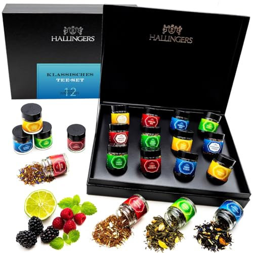 Hallingers Klassisches Tee-Set - No. 2-12 Sorten Tee Geschenkset, loser Tee in Schraubgläsern, Teesortiment als Tee Geschenk vegan (Set) - Geschenk im Sommer & als perfektes Grillgeschenk | Genesung