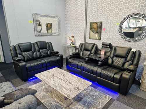 Orlando - Electric Recliners Sofa With Cupholders - 3+2 Seater Sofa Grey/LED Lights/Wireless Charging (Black, 3+2 Seater)