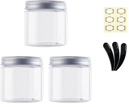 Alledomain Lot de 3 récipients cosmétiques ronds transparents de 200 ml avec doublures intérieures et couvercles en alliage d'aluminium – Bocaux de voyage pour lèvres, gommage, lotion, poudre, pommade