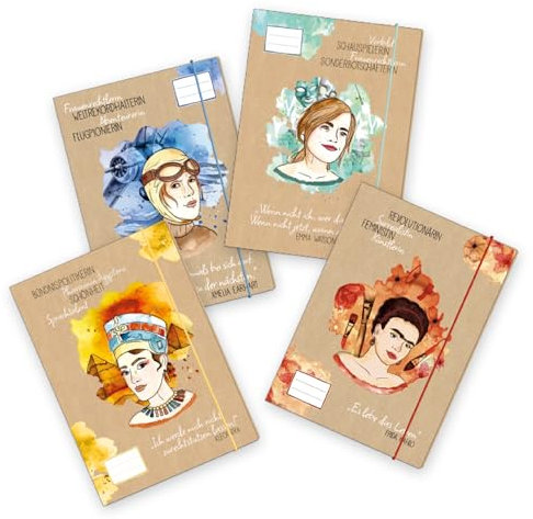 Papierdrachen 4 hochwertige Dokumentationsmappen mit Gummiband DIN A4 | Motiv Frauenpower - Stabile Mappen mit Gummiband für Schule, Studium und Büro - Heftsammler - Sammelhefter - Set Nummer 15