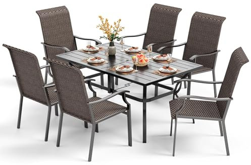PHIVILLA 7Pcs Rattan Gartenmöbel Set, Outdoor Wicker Gartenmöbel Tisch und Stühle Set, Rechteckiger Metall Esstisch mit Schirmloch & 6 Rattan Stühle für Balkon, Terrasse, Bistro, Wetterfest