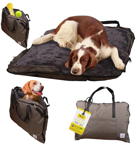 Wanderpfote Hundebett für Unterwegs – hochwertiges Orthopädisches Hundebett – praktische Tragetasche für Gepäck oder Tragehilfe Hund – Hundematte OekoTex und GSR Zertifiziert (Oliv, L)