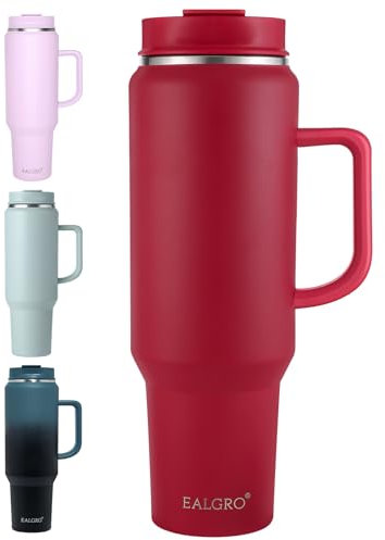 EALGRO Bicchiere da 1,5 litri con manico, bicchieri isolati con coperchio e cannuccia, grande borraccia sportiva in metallo, tazza termica da viaggio in acciaio inox, rossa