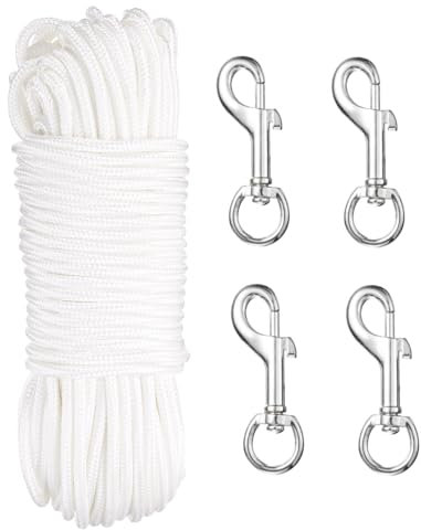 sourcing map 100Ft Flag Pole Rope Kit, Flag Pole Halyards Rope 1/4 Thick with 4 Pcs Nickel Plated Swivel Flagpoles Clips Hook(Silver), Nylon Flagpole Line Rope White