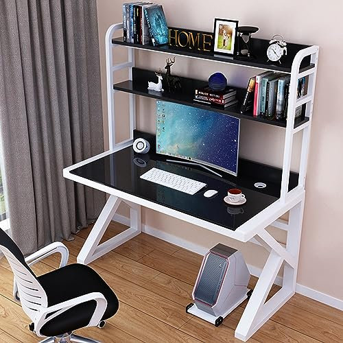 BOKNI Scrivania per Computer con libreria per casa, Ufficio, Studio, postazione di Lavoro, scrivania per Computer in Vetro temperato con 2 Livelli salvaspazio (31 Pollici, Bianco e Nero)