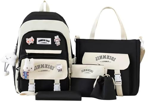 Feigujin Niedliches Kawaii-Rucksack-Set mit Bären-Anhängern, Patchwork, japanische Ästhetik, Anime, Hase, Tagesrucksack, Taschen-Set, 5-teilig, Schwarz, 12.2 * 5.9 * 17.3 inches, Japanisch