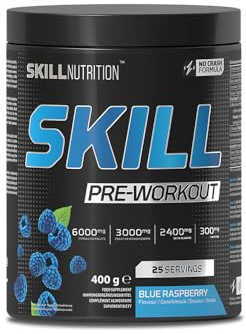 SKILL Nutrition Pre-Workout Blue Raspberry | No-Crash Fokus & Energie | Xtenergy, TheaGreen, Vitacholine, Astragin | Mit Citrullin & Beta-Alanin | Vegan & Halal | Trainingsbooster