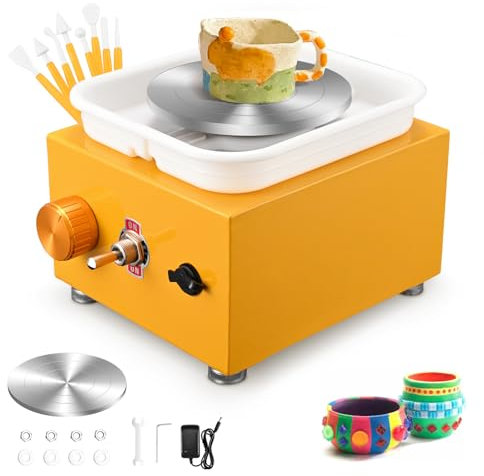 Mini Electric Pottery Wheel, Couleeur 2000RPM & 10/6.5cm Plates Turntable Pottery Machine, Adjustable Speed Pottery Wheel with Shaping Tools for Pottery DIY Shops, Pottery Teaching(Yellow)