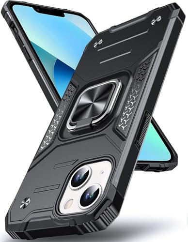 Pritify Armour Case for Iphone 13 Mini with Kickstand & Raised Camera Military Grade Protective Phone Back Case Cover Enhanced Metal Ring supports Magnetic Car Mount Holder | Black