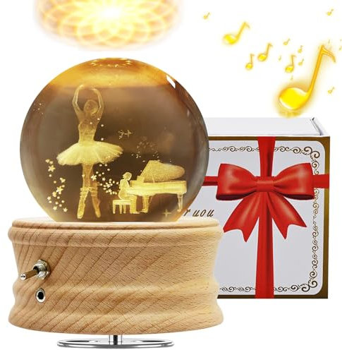 Scatola Musicale a Sfera di Cristallo 3D, Scatola Musicale Rotante Luminosa a 360° con Proiezione di Luce e Base in Legno per Bambini, Mogli, Madri, Regalo Creativo di Decorazione(Ballerina)
