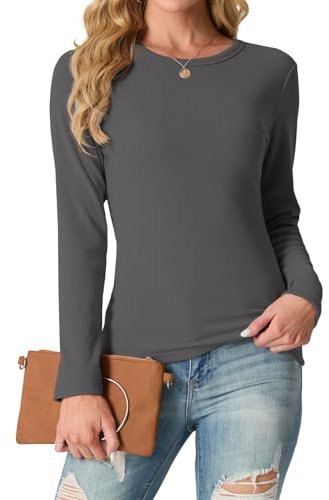IWOLLENCE Basic Tops Women Ribbed Knit Round Neck Long Sleeve T Shirts Women Basic T-Shirt Y2k Slim fit Tee Tops (Dark Gray, M)