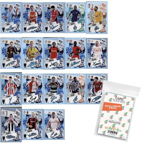 Bundle mit Match Attax Champions League 2024/25 - Trading Cards - Alle 18 Man of The Match Signature Style Karten + Exklusive Collect-it Hüllen