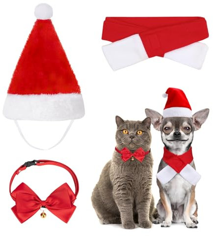 Kiiwah 3 Stück Weihnachten Hundekostüm Katzenkostüm, Weihnachtskleidung mit Weihnachtsmütze Fliege Halsband Roter Schal für Hunde und Katzen Outfit for Dogs Cats
