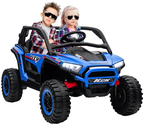 AIYAPLAY Macchina Elettrica per Bambini 2 Posti 24V 4 Motori, Auto Elettrica Bambini 3-8 Anni con 3 Velocità, Musica Integrata, Clacson, Luci, Sospensione a Molla e Telecomando, Velocità 5-7km/h, Blu