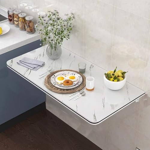 Klappbarer Wandtisch für Küche und Schlafzimmer, weißes Marmor-Design, 70 x 50 cm, platzsparender Wandtisch mit hochdichter Platte