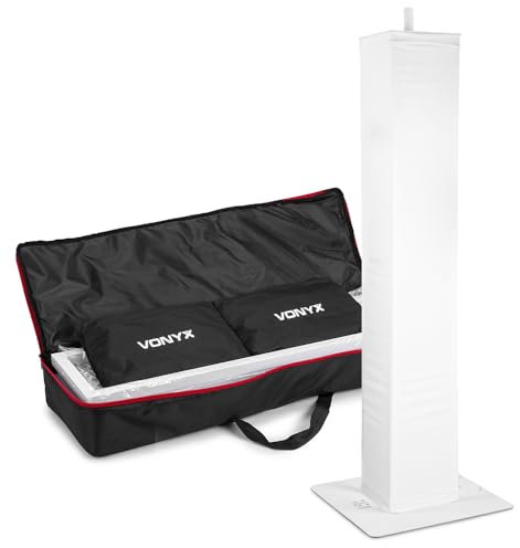 VONYX DJP170 Height Adjustable DJ Plinth Podium with Folding Baseplates, Black & White Lycra Covers, Moving Head Plinth Stand for DJ Light Podium & PA Speakers, 30kg Load