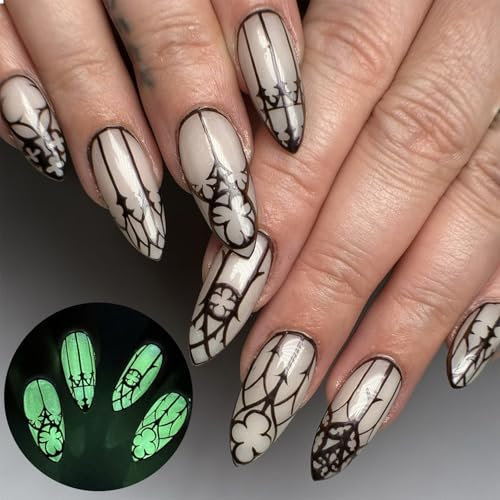 GlamRays Lot de 24 faux ongles noirs en acrylique brillant avec motifs d'amande - Couvrance complète