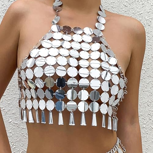 CABODYALS 1 Stück Silbernes Bikinioberteil Mit Pailletten Sommer Strandquaste Kunststoff Outfit Neckholder Rückenfreies Bauchfreies Top Sexy BH Körperkette Ausgehöhlte Tanktops Schmuck Brustketten Für