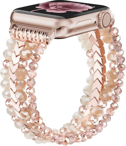 DEALELE Bracelets de perles compatibles avec Apple Watch 42 mm, 41 mm, 40 mm, 38 mm, bijoux élastiques faits à la main avec perles de cristal pour iWatch Series 10/9/8/7/6/5/4/3/SE pour femme, or rose