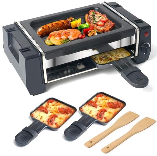 Raclette Grill Electric Indoor Griddle with 2 Cheese Pans and 2 Wooden Spatulas, 500W Nonstick Temperature Control, Perfect for Family and Party BBQ
